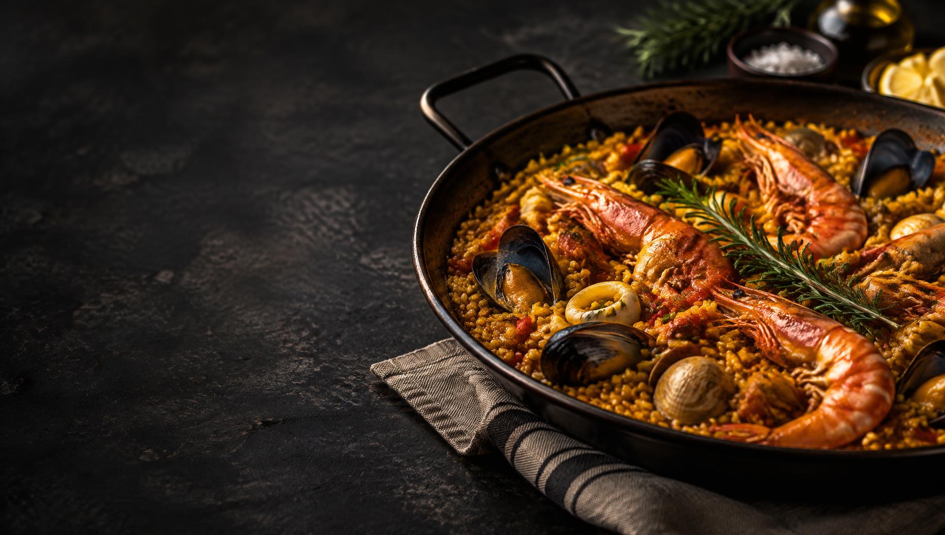 Paella de marisco recién hecha en la paellera